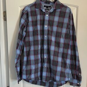 Tommy Hilfiger Men's Red and Blue Checkered Shirt